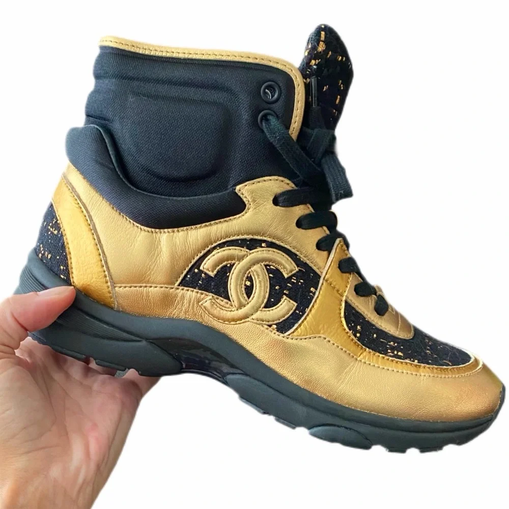 Chanel High Top Sneakers 19A Metiers d'Art Gold Metallic & Black Tweed SZ 39